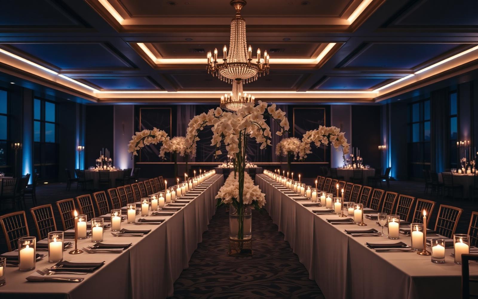 Candlelit gala ballroom set with white orchids and gold accents